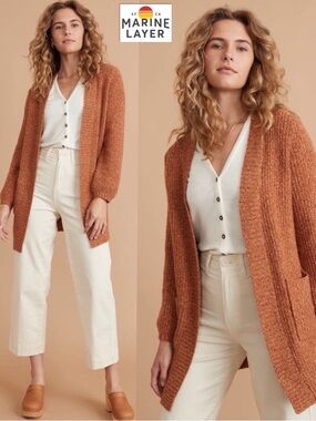 Marine Layer Ontario Cardigan Rust Orange S Cozy Open Front Cotton Blend Sweater